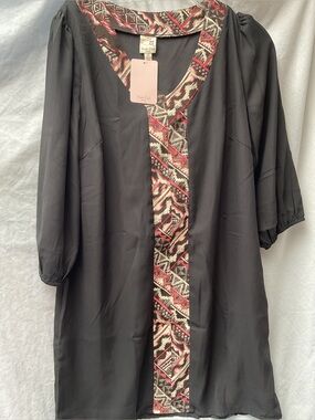 Pink Owl Black Tunic with Red and Cream Tribal Accent